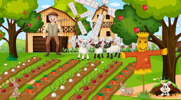 Free vector farm scene at daytime with old farmer man and cute animals