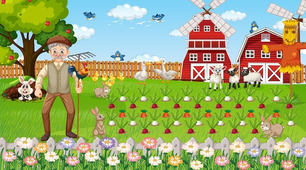 Farm scene at daytime with old farmer man and cute animals