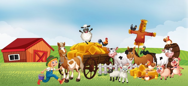 Farm scene in nature with barn and horse drawn vehicle and animal farm