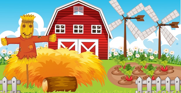 Farm scene in nature with barn and windmill and scarecrow