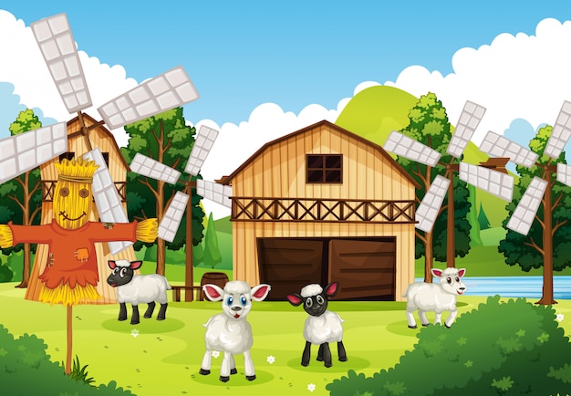 Farm scene in nature with barn and windmill and sheeps