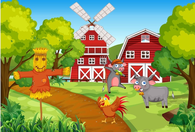 Free Vector farm scene with animals and scarecrow