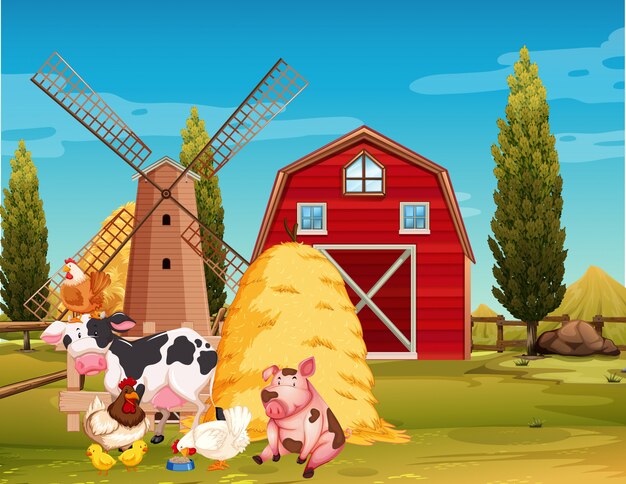 Free Vector farm scene with farm animals on the farm