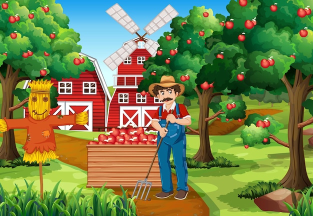 Free Vector farm scene with farmer harvests apples