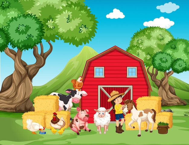 Farm scene with farmer and many animals on the farm