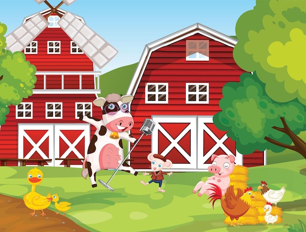 Farm scene with many animals