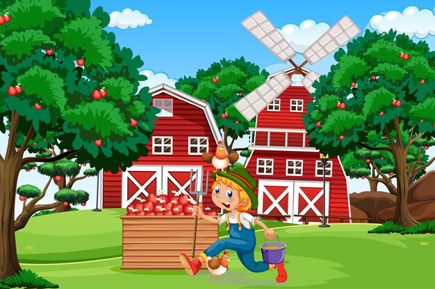 Farm scene with red barn and windmill illustration