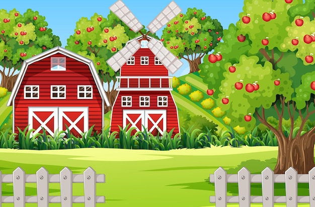 Farm scene with red barn and windmill