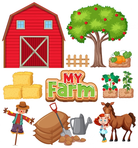 Farm set with barn and vegetables on white background