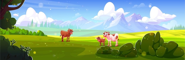 Free vector farm summer landscape with cow pasture