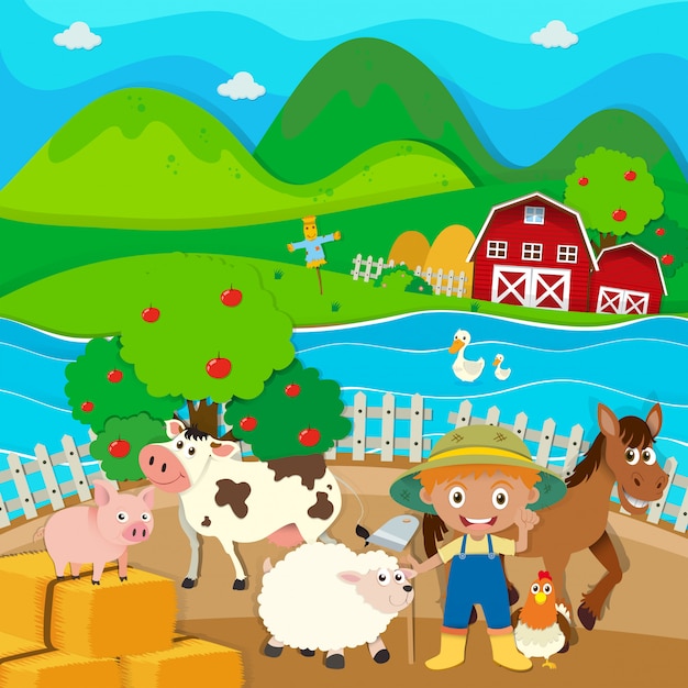 Farm theme with farmer and farm animals