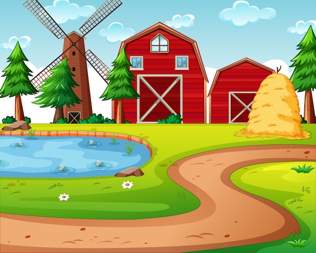 Free vector farm with red barn and windmill scene