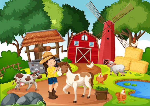 Farm with red barn and windmill scene