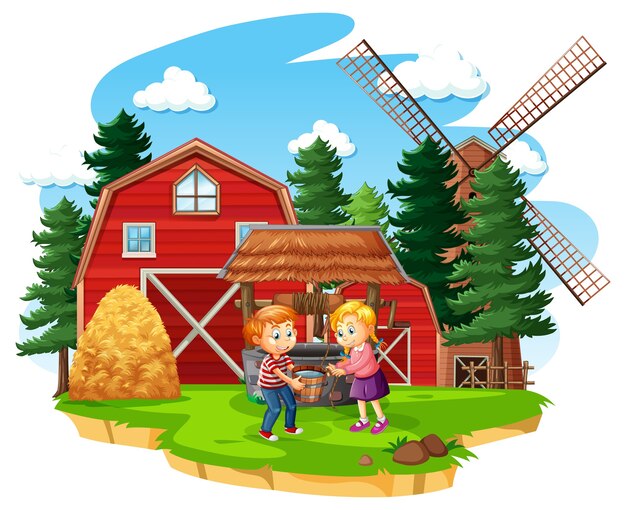 Farm with red barn and windmill on white background