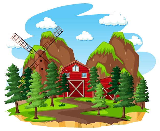 Free Vector farm with red barn and windmill on white background