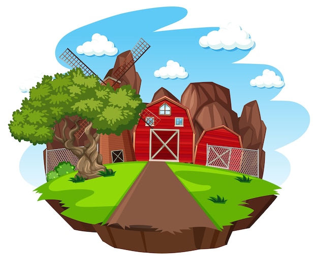 Farm with red barn and windmill on white background