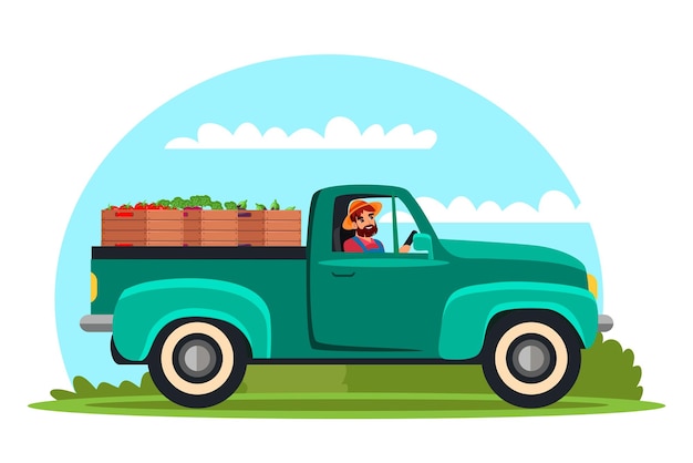 Farmer agrarian character taking fresh ripe vegetable crop to street farm market for sale by car truck Harvesting season Harvest delivery organic vegan food transportation