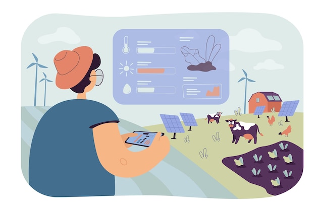 Free vector farmer analyzing data on eco farming isolated flat illustration