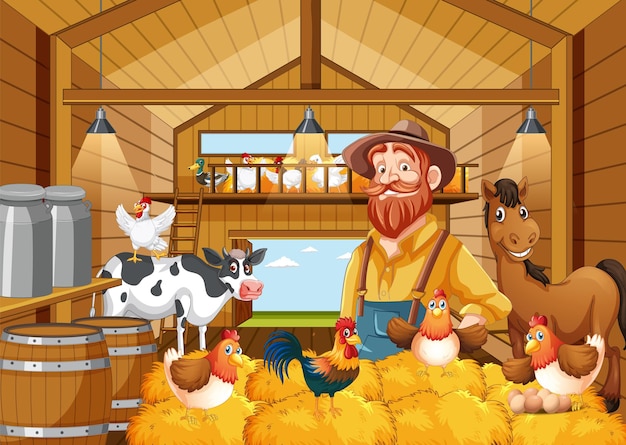 Free vector farmer in a busy barn