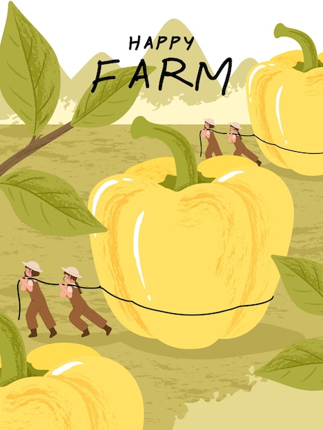 Farmer cartoon characters with bell pepper harvest in farm poster illustrations