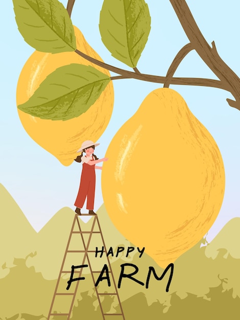 Free Vector farmer cartoon characters with lemon citrus harvest in farm poster illustrations