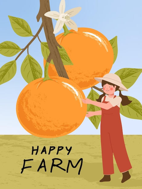 Free Vector farmer cartoon characters with orange citrus fruits harvest in farm poster illustrations