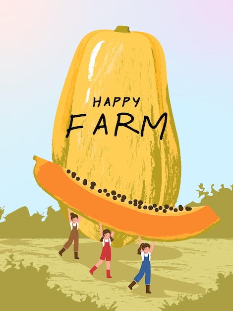 Farmer cartoon characters with papaya fruits harvest in farm poster illustrations