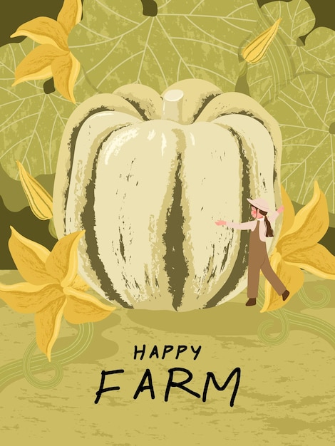 Farmer cartoon characters with sweet dumpling squash harvest in farm poster illustrations