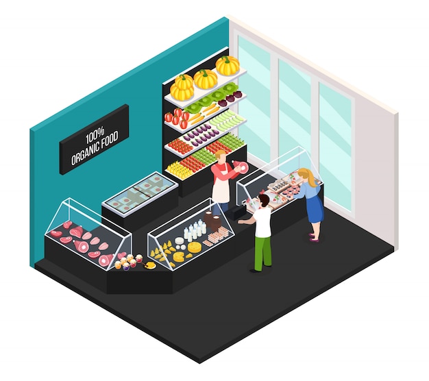 Free Vector farmer market of organic food isometric interior with seller showing buyers fresh farm meat