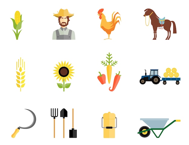 Free vector farmer, rooster, horse and vegetables and working tools icons