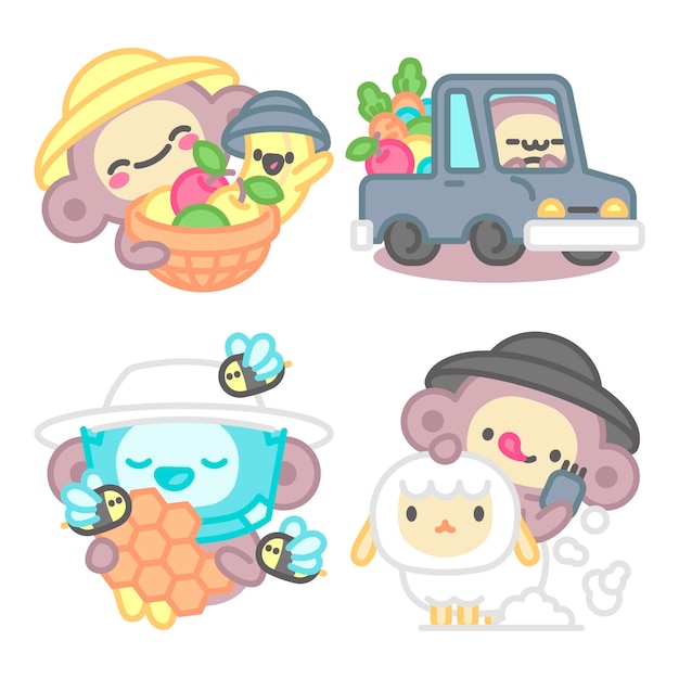 Free Vector farmer stickers collection with monkey and banana