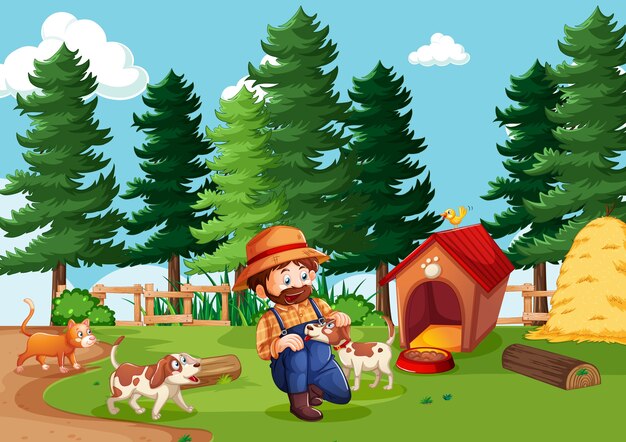 Farmer with animal farm in farm scene in cartoon style