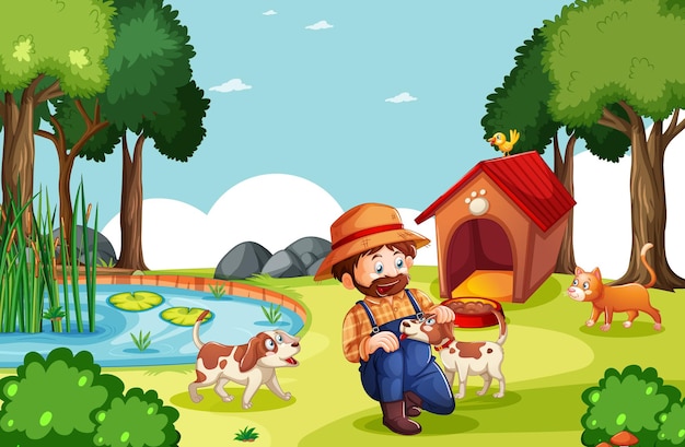 Farmer with animal farm in farm scene in cartoon style