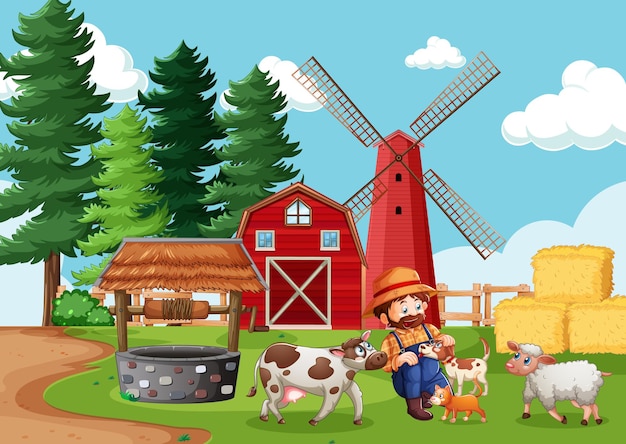 Free vector farmer with animal farm in farm scene in cartoon style