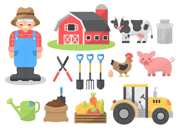 Farmer with professional farm equipment set for graphic designer create artwork banner brochure leaflet websit and other print Vector illustration character flat design