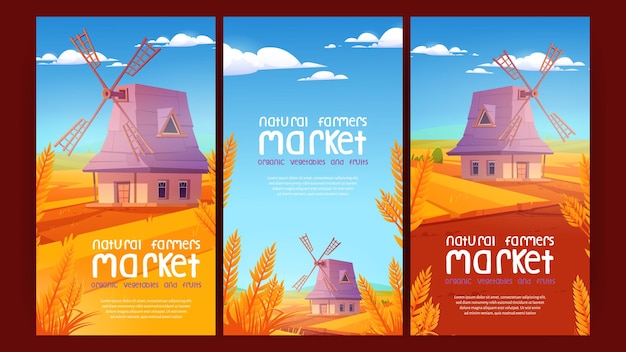 Farmers market banners with windmill on field