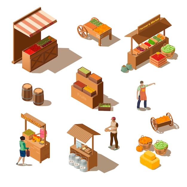 Free Vector farmers market with grocery products in isometric style.