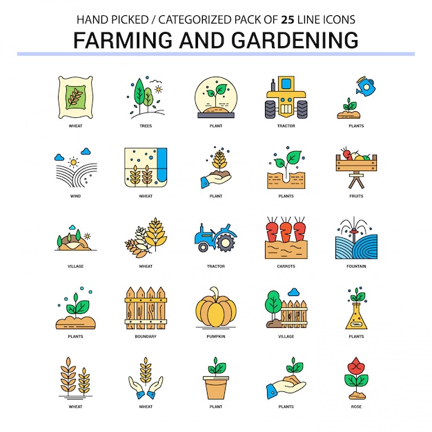 Farming and Gardening Flat Line Icon Set