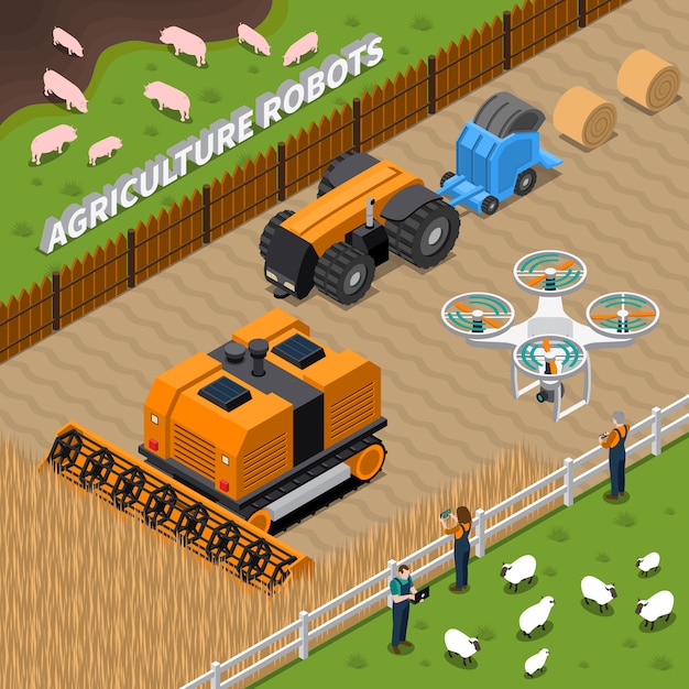 Free Vector farming robots isometric composition