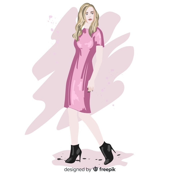 Free Vector fashion blond woman model with pink dress, character illustration