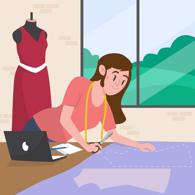 Fashion designer illustration with woman creating garment