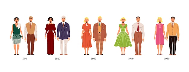 Fashion history costume male and female collection of first half of 20th century from 1900 to 1950 year isolated illustration