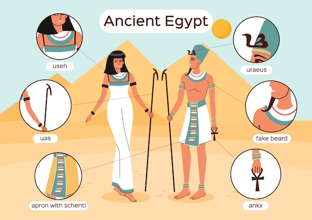 Free Vector fashion history flat infographics with male and female inhabitants of ancient egypt and elements of their clothes vector illustration