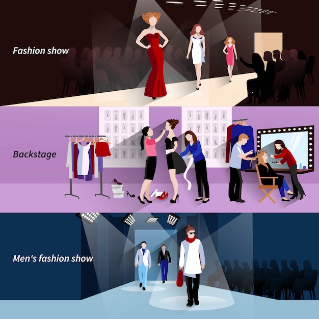 Free Vector fashion model horizontal banner set with flat show backstage elements 