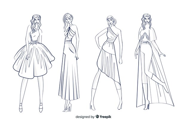 Fashion sketch collection with models