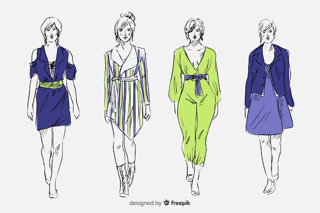 Fashion sketch collection with models