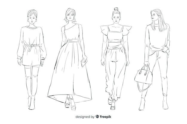 Fashion sketch collection with models