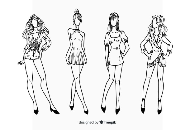 Fashion sketch collection with models