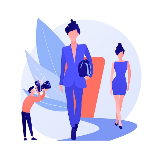 Fashion week show. Professional models, clothes demonstration, haute couture event. Elegant women on catwalk wearing trendy garments, posing gracefully. Vector isolated concept metaphor illustration