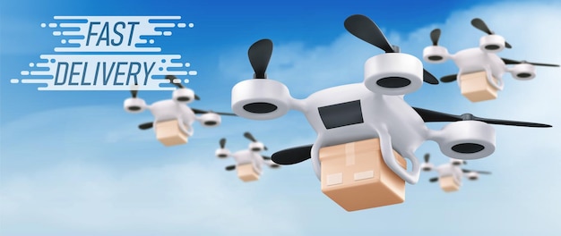 Free vector fast delivery banner with drone robots and parcels